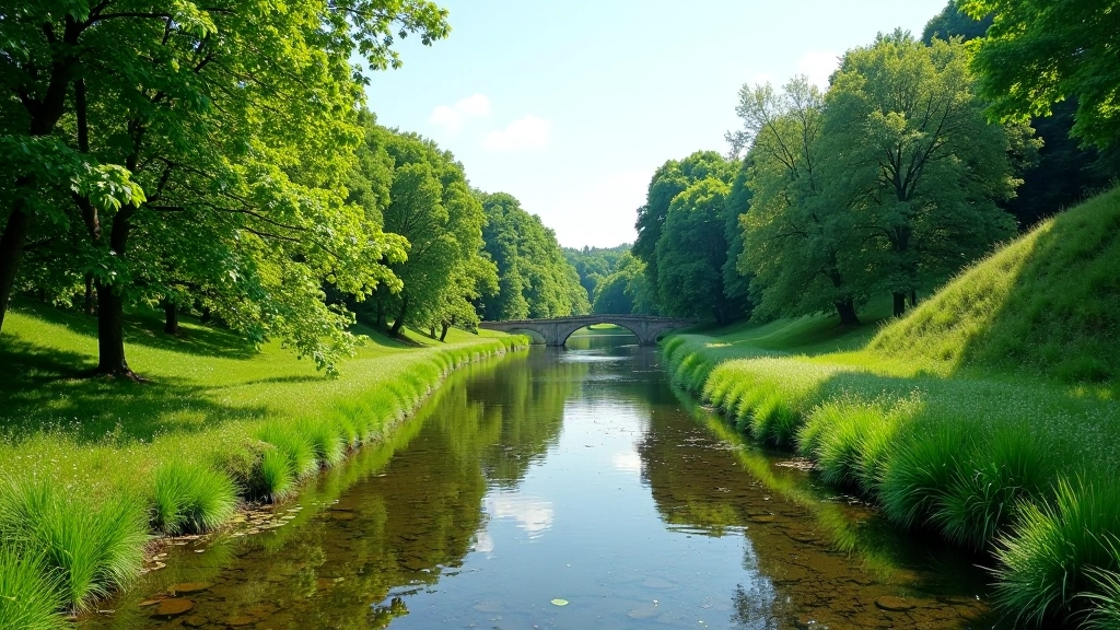 Dubysos upės slėnis vasarą, žali medžiai, upės vanda atspindi dangų